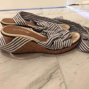 Sperry seersucker ribbon wrap wedges